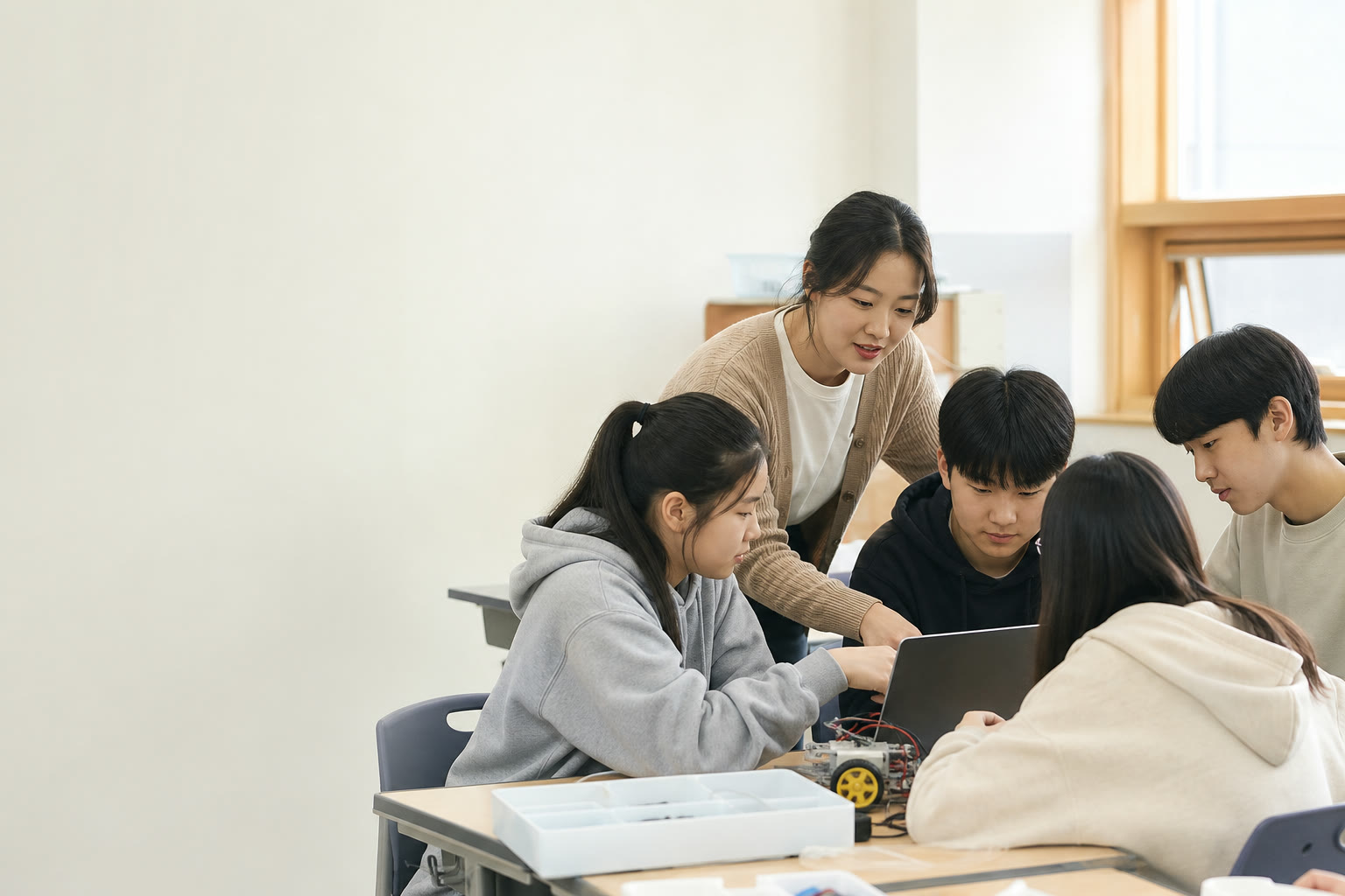 로봇 프로젝트에 참여하는 중학생